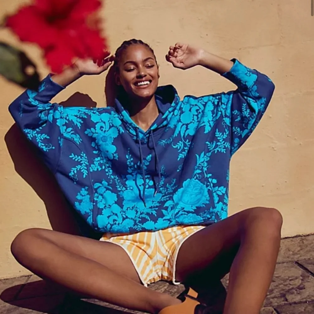 Free People Movement Sprint‎ to The Finish Printed Hoodie Blue Floral XS
